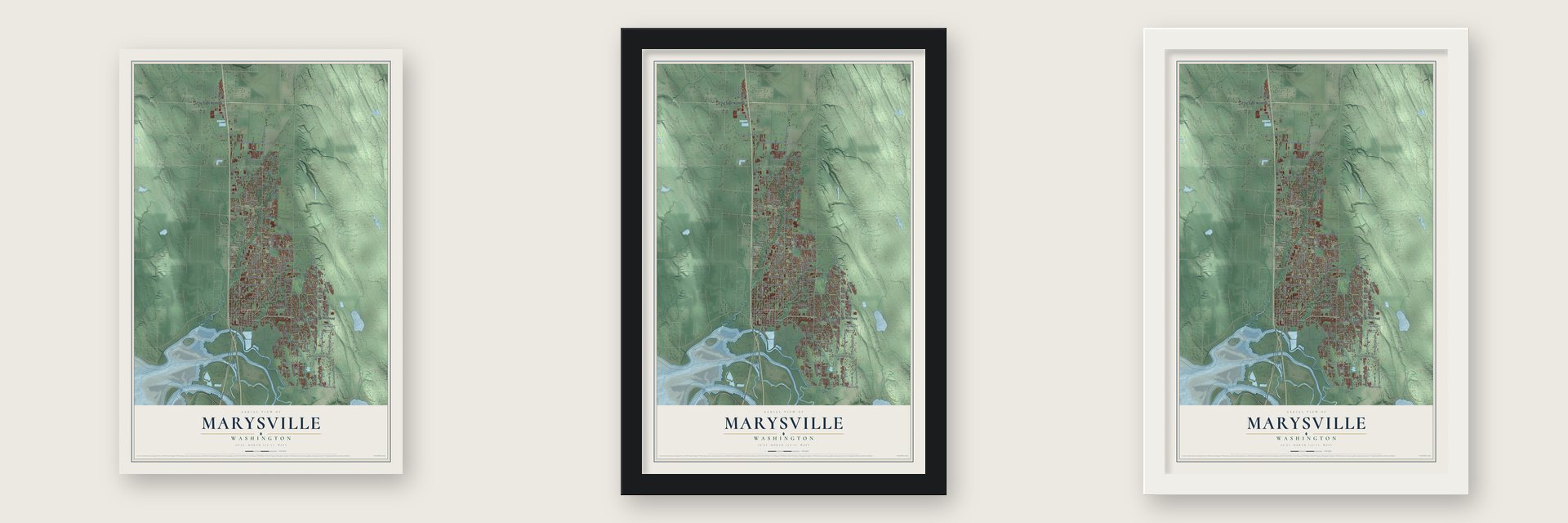 Marysville, Washington map unframed, in a black wood frame and in a white wood frame