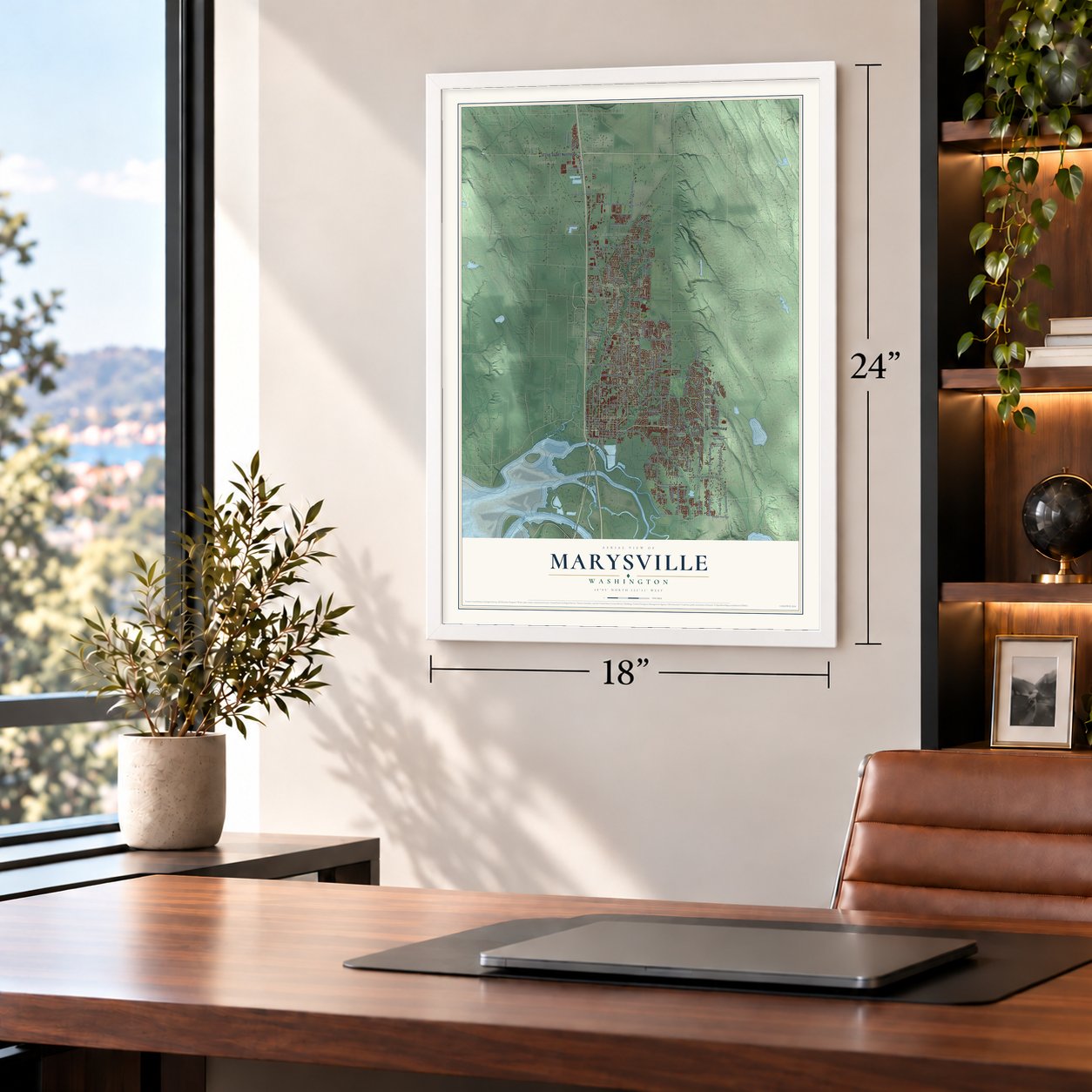Marysville, Washington map, 18 x 24 inch print in a white frame in a home office