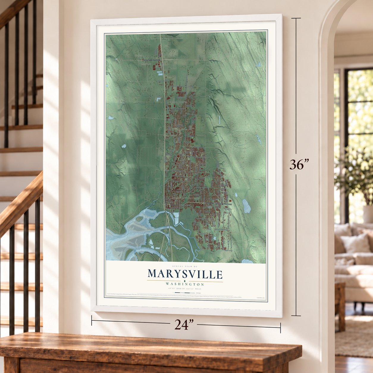 Marysville, Washington map, 24 x 36 inch print in a white frame by a staircase
