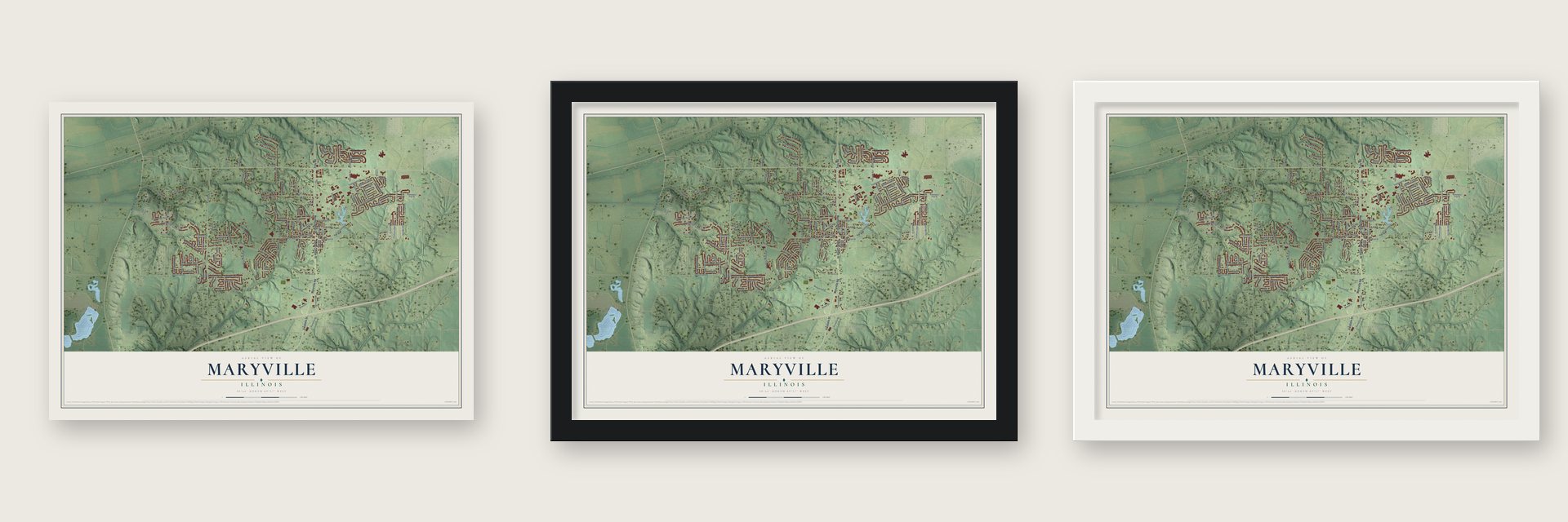 Maryville, Illinois map unframed, in a black wood frame and in a white wood frame
