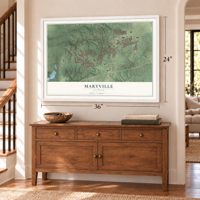 Maryville, Illinois map, 24 x 36 inch print in a white frame above a dresser by a staircase