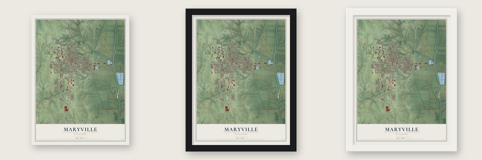Maryville, Missouri map unframed, in a black wood frame and in a white wood frame
