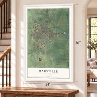 Maryville, Missouri map, 24 x 36 inch print in a white frame by a staircase