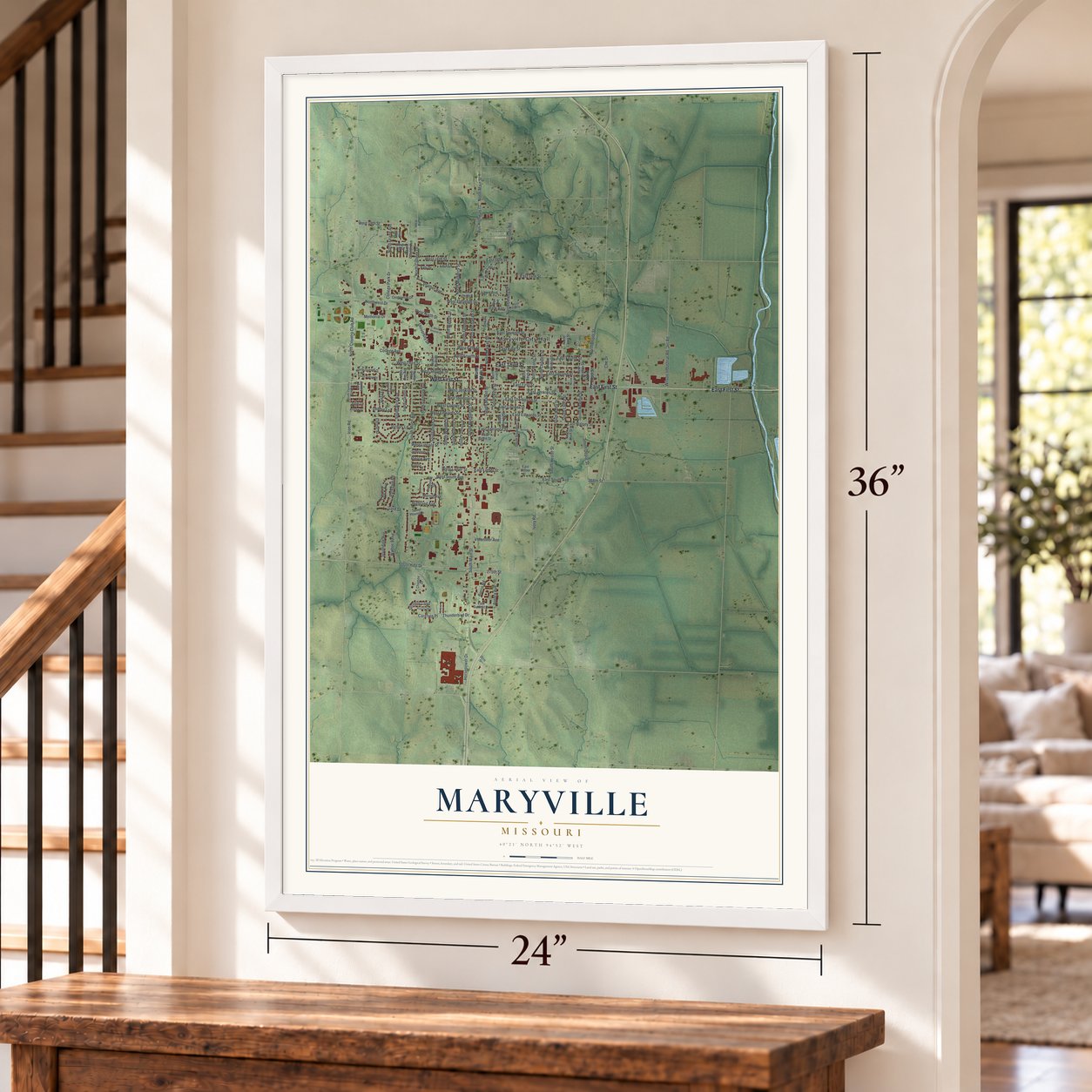 Maryville, Missouri map, 24 x 36 inch print in a white frame by a staircase