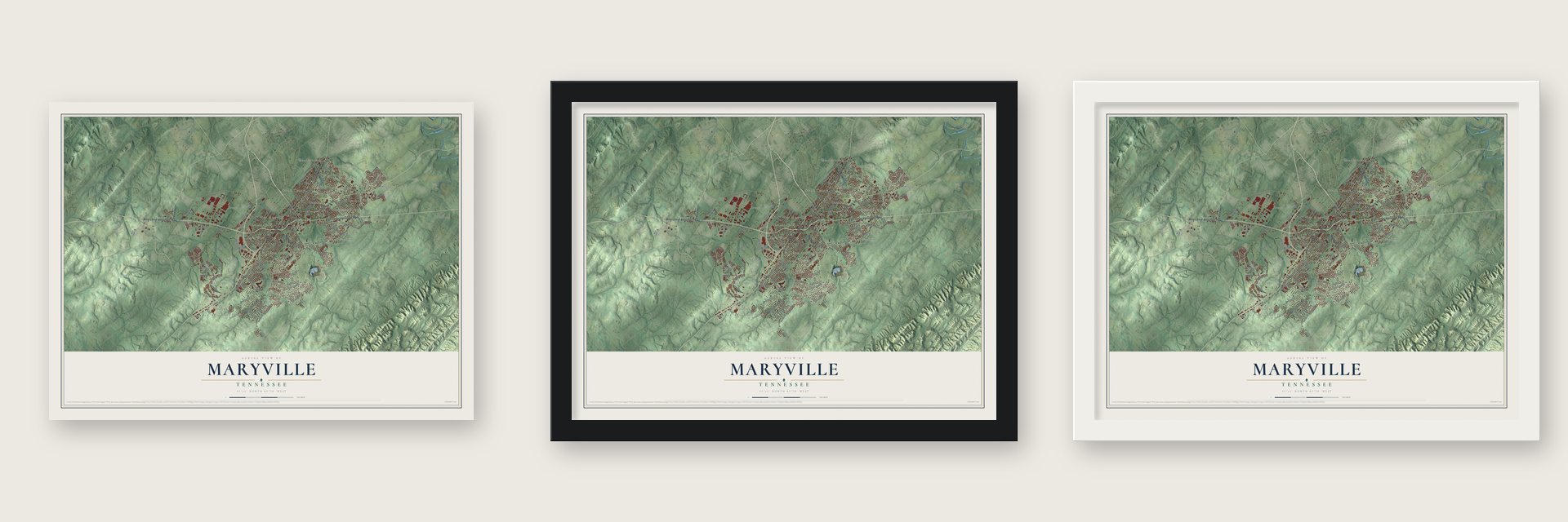 Maryville, Tennessee map unframed, in a black wood frame and in a white wood frame