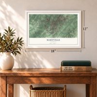 Maryville, Tennessee map, 12 x 18 inch print in a white frame in an entryway