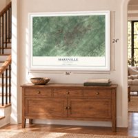 Maryville, Tennessee map, 24 x 36 inch print in a white frame above a dresser by a staircase