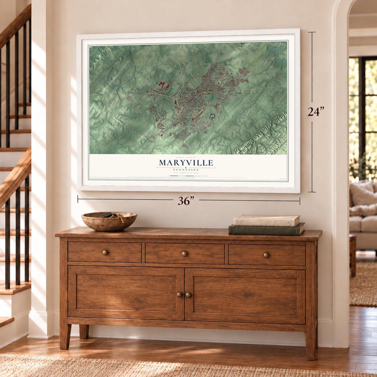 Maryville, Tennessee map, 24 x 36 inch print in a white frame above a dresser by a staircase