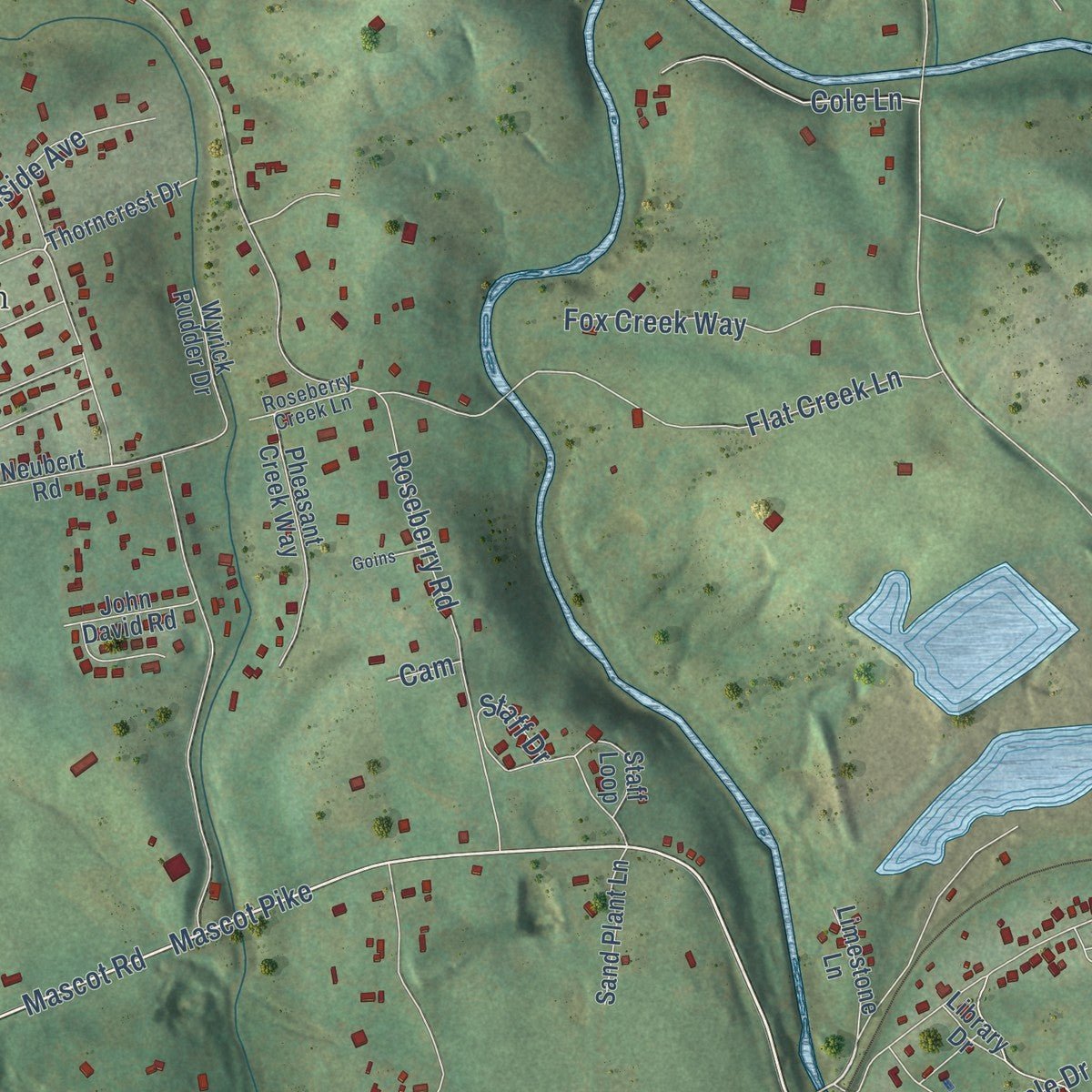 Second close-up of the map of Mascot, Tennessee print showing more streets and buildings