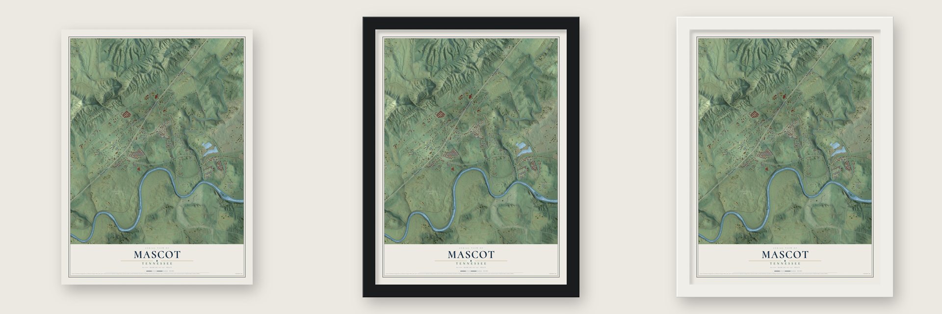 Mascot, Tennessee map unframed, in a black wood frame and in a white wood frame