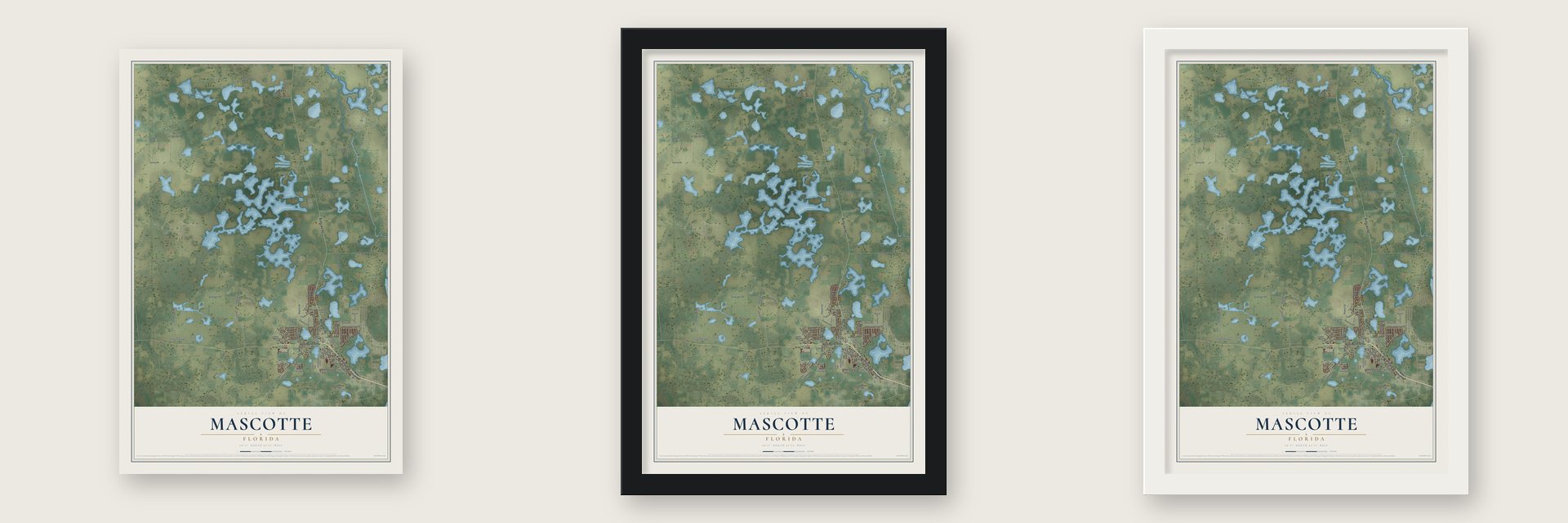 Mascotte, Florida map unframed, in a black wood frame and in a white wood frame