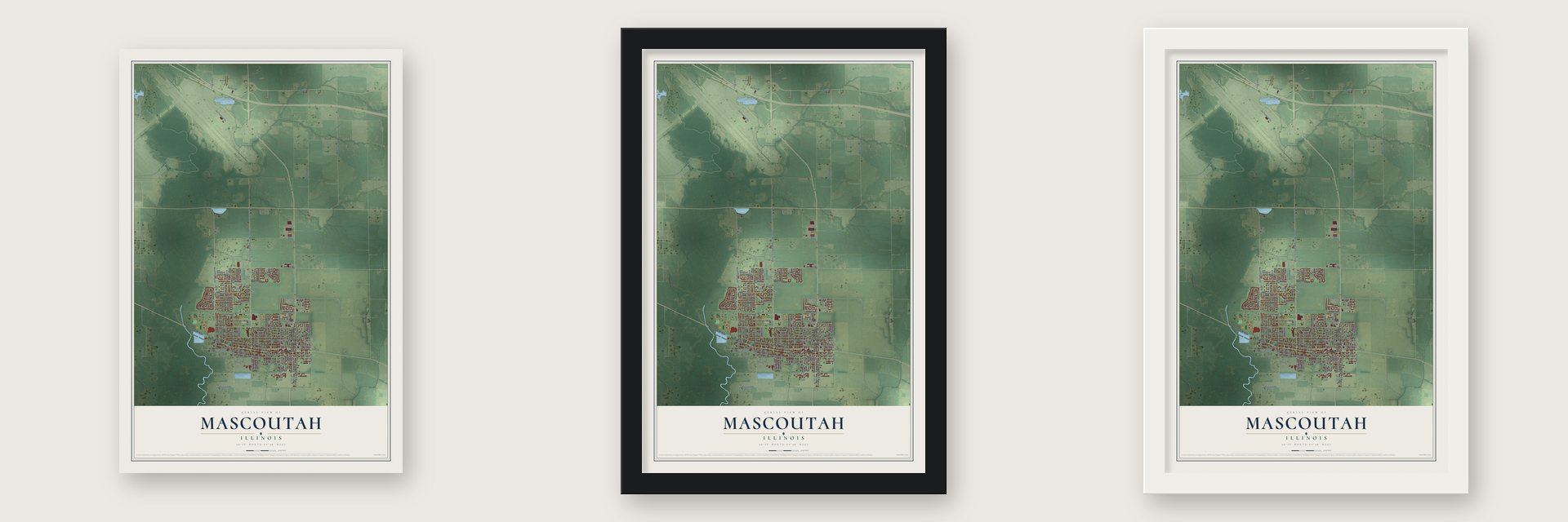 Mascoutah, Illinois map unframed, in a black wood frame and in a white wood frame