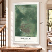 Mascoutah, Illinois map, 24 x 36 inch print in a white frame by a staircase