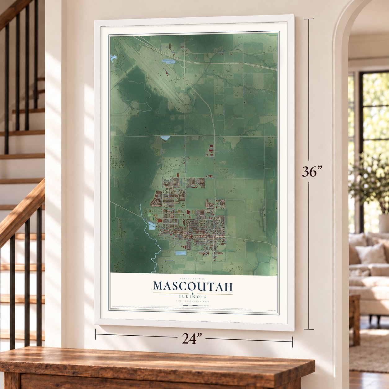 Mascoutah, Illinois map, 24 x 36 inch print in a white frame by a staircase