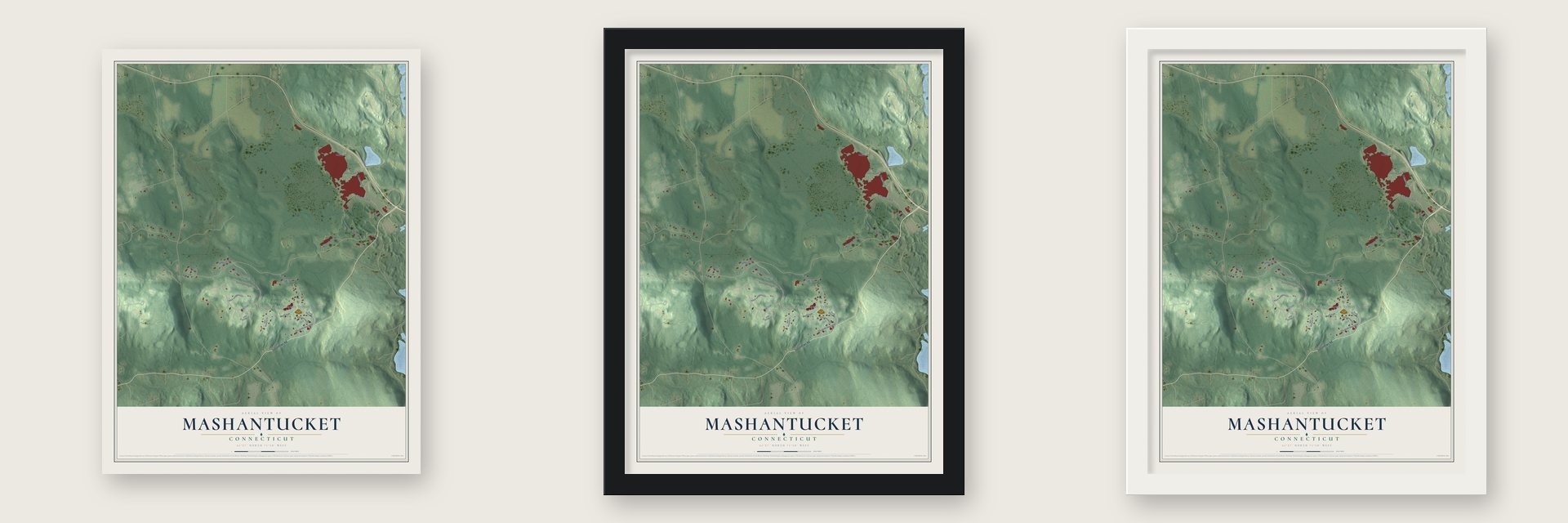 Mashantucket, Connecticut map unframed, in a black wood frame and in a white wood frame