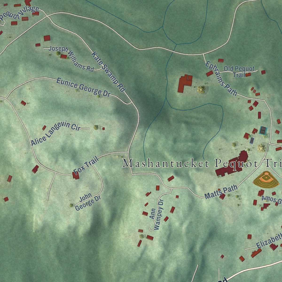 Second close-up of the map of Mashantucket, Connecticut print showing more streets and buildings