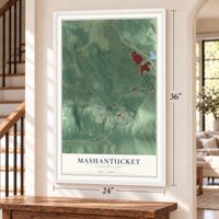 Mashantucket, Connecticut map, 24 x 36 inch print in a white frame by a staircase