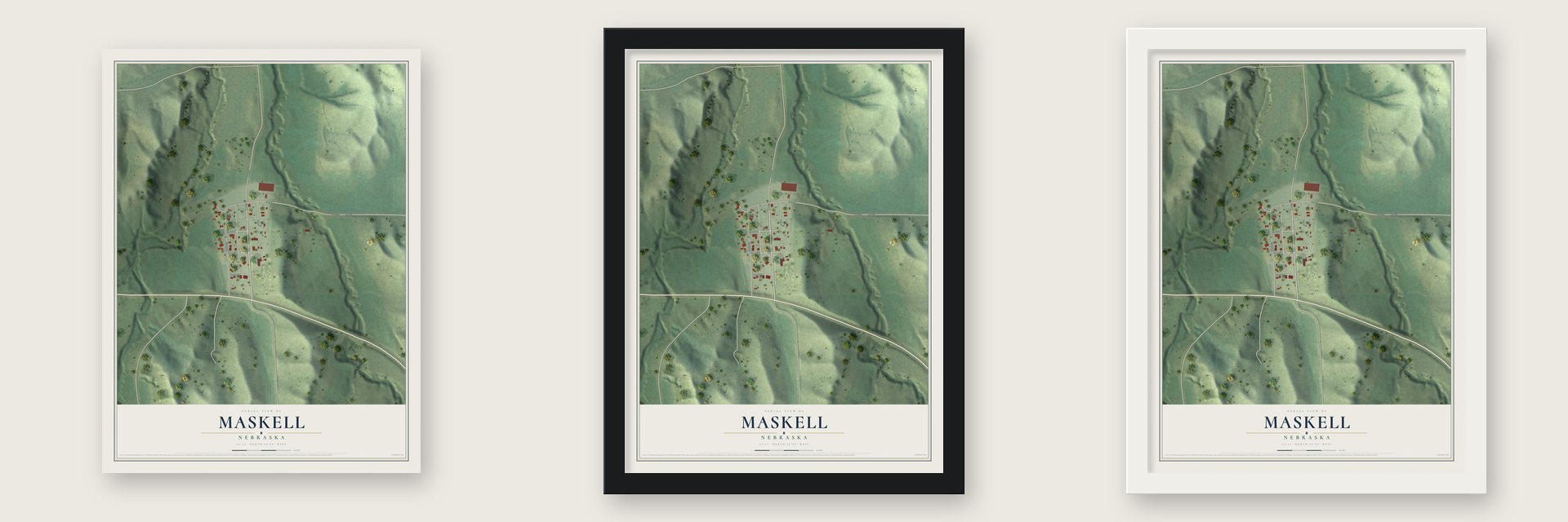 Maskell, Nebraska map unframed, in a black wood frame and in a white wood frame