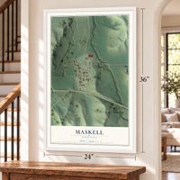 Maskell, Nebraska map, 24 x 36 inch print in a white frame by a staircase