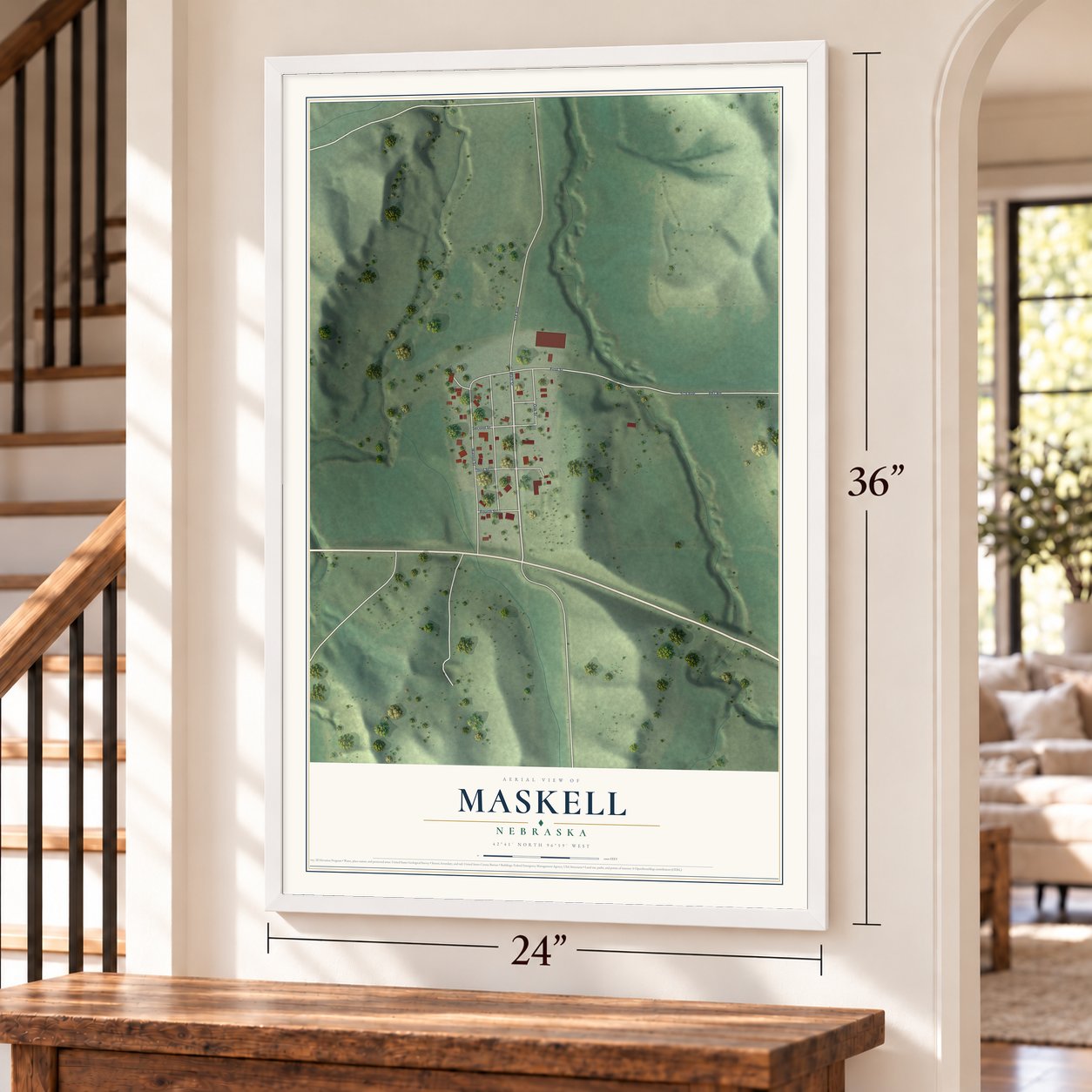 Maskell, Nebraska map, 24 x 36 inch print in a white frame by a staircase