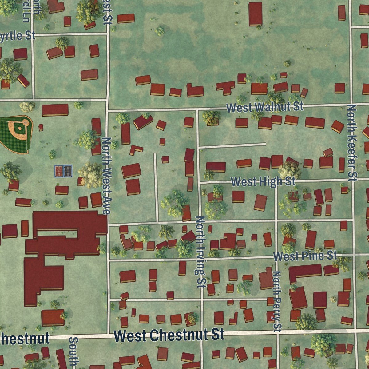 Second close-up of the map of Mason City, Illinois print showing more streets and buildings
