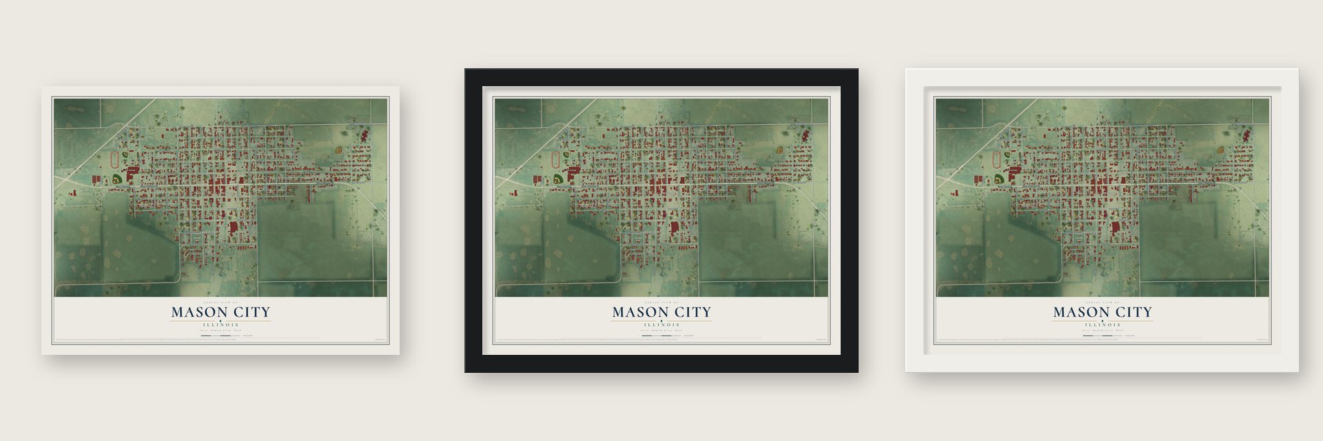 Mason City, Illinois map unframed, in a black wood frame and in a white wood frame