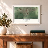Mason City, Illinois map, 12 x 18 inch print in a white frame in an entryway