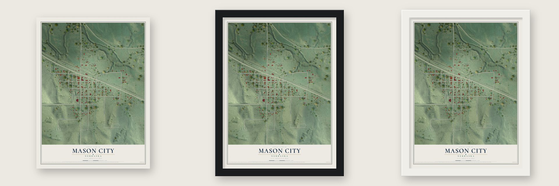 Mason City, Nebraska map unframed, in a black wood frame and in a white wood frame
