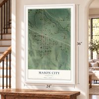 Mason City, Nebraska map, 24 x 36 inch print in a white frame by a staircase
