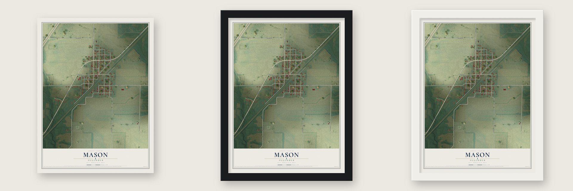 Mason, Illinois map unframed, in a black wood frame and in a white wood frame