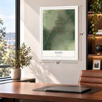 Mason, Illinois map, 18 x 24 inch print in a white frame in a home office