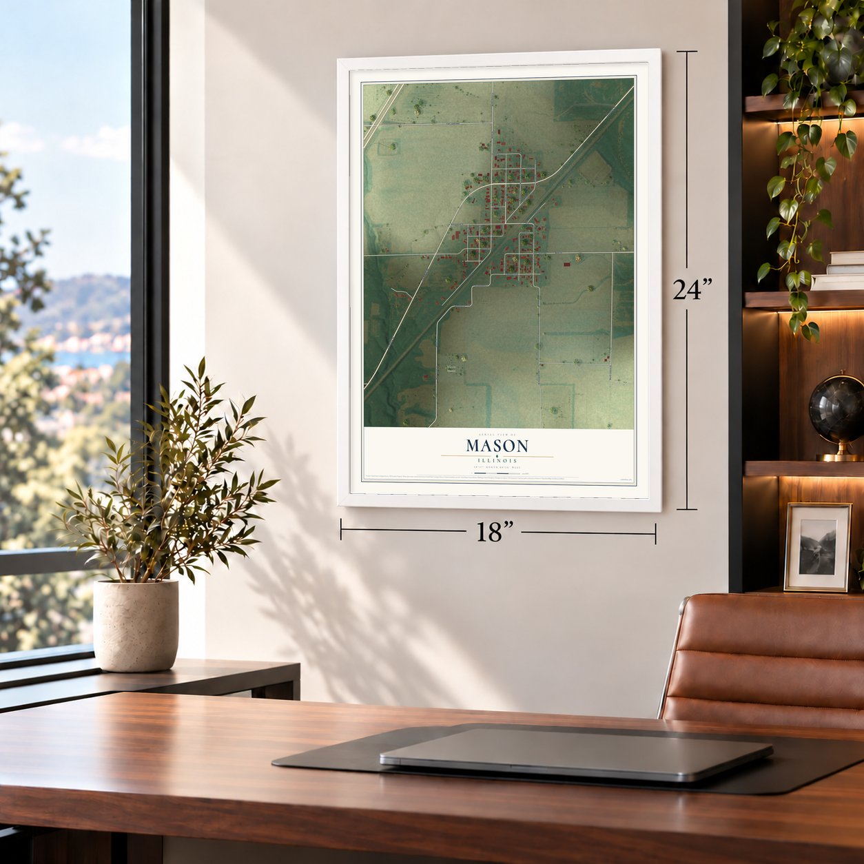 Mason, Illinois map, 18 x 24 inch print in a white frame in a home office