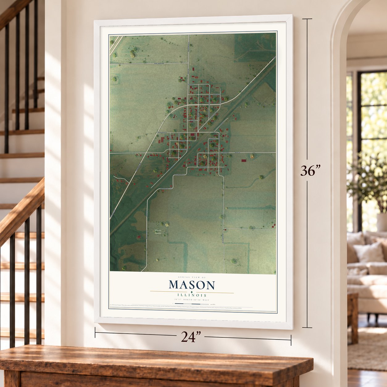 Mason, Illinois map, 24 x 36 inch print in a white frame by a staircase
