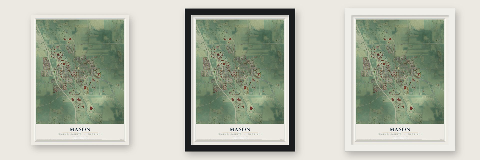 Mason, Ingham County, Michigan map unframed, in a black wood frame and in a white wood frame