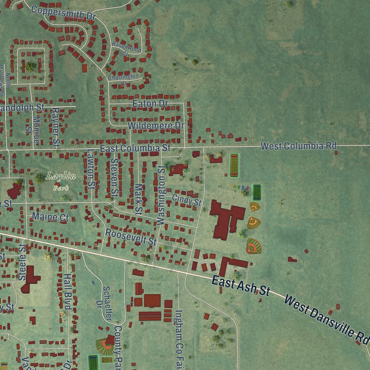 Second close-up of the map of Mason, Ingham County, Michigan print showing more streets and buildings
