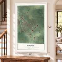 Mason, Ingham County, Michigan map, 24 x 36 inch print in a white frame by a staircase