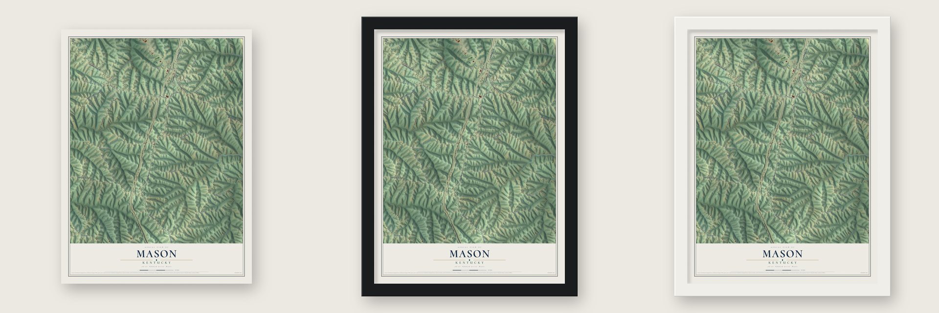 Mason, Kentucky map unframed, in a black wood frame and in a white wood frame