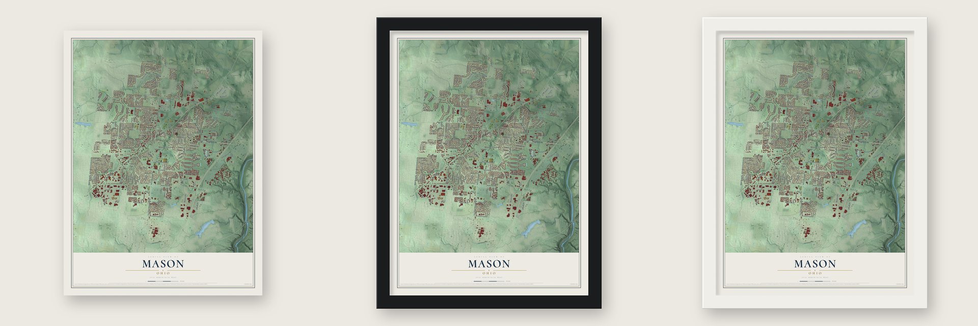 Mason, Ohio map unframed, in a black wood frame and in a white wood frame