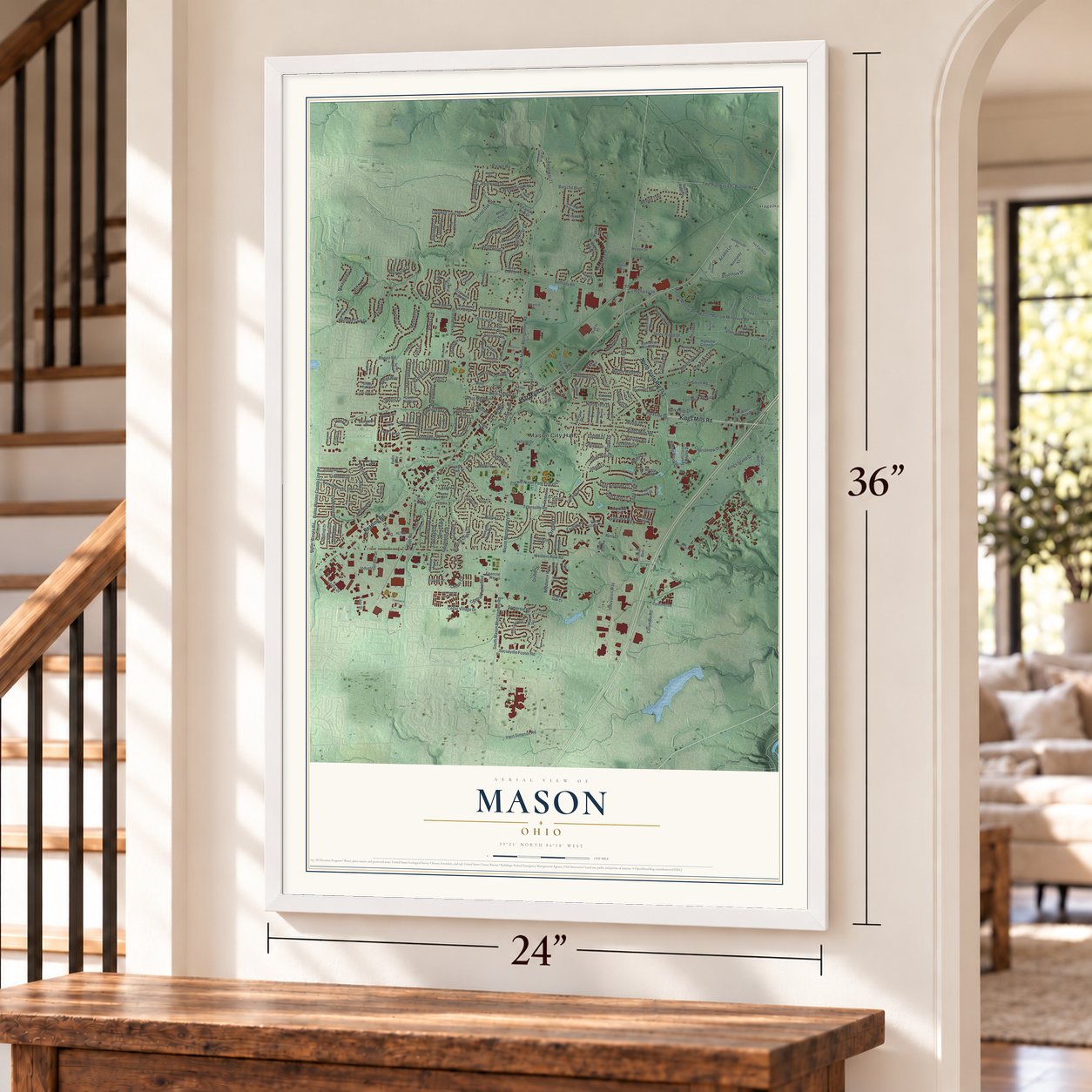 Mason, Ohio map, 24 x 36 inch print in a white frame by a staircase