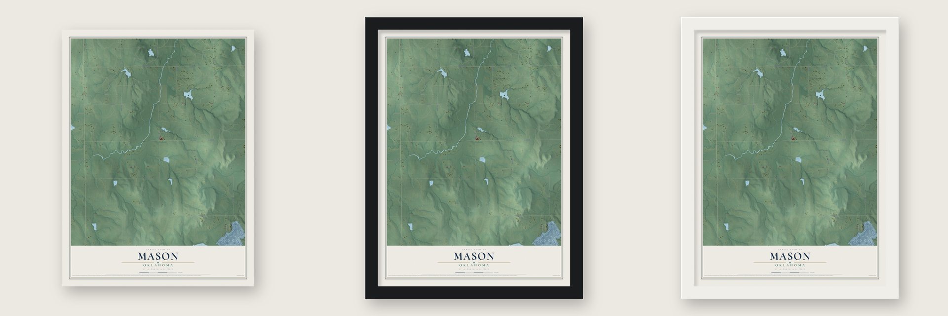 Mason, Oklahoma map unframed, in a black wood frame and in a white wood frame