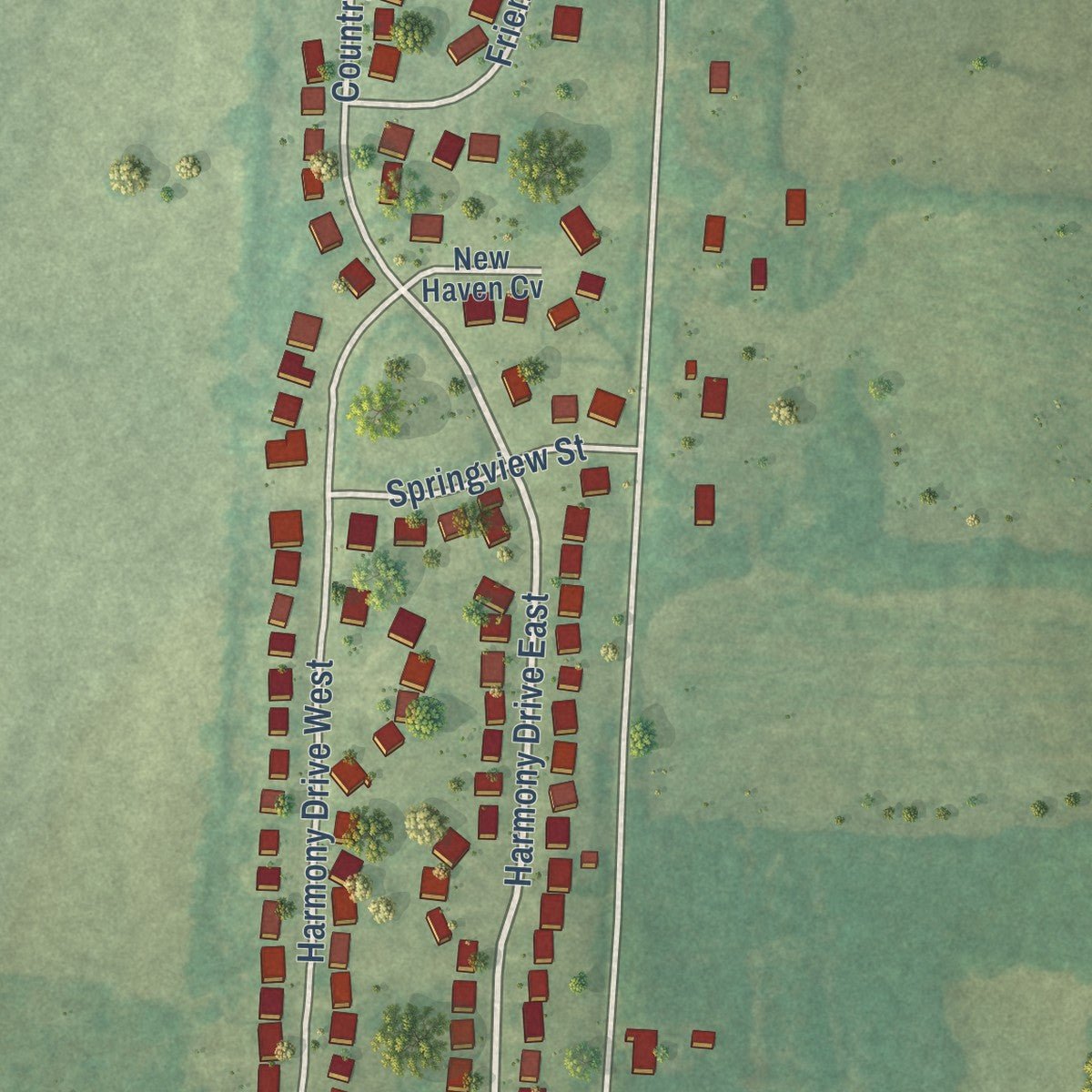 Second close-up of the map of Mason, Tennessee print showing more streets and buildings