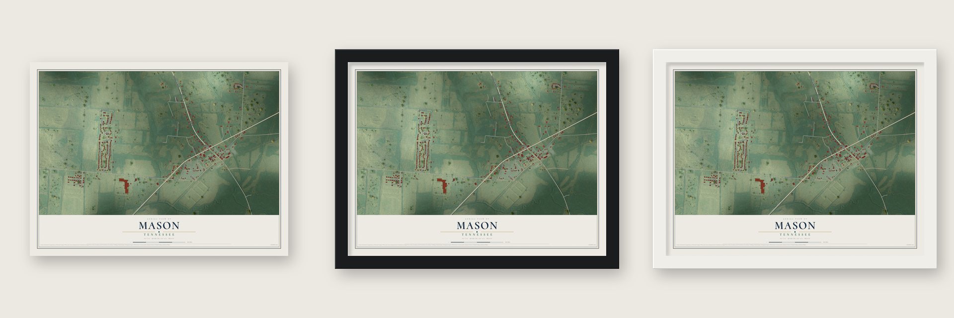 Mason, Tennessee map unframed, in a black wood frame and in a white wood frame