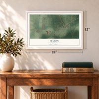 Mason, Tennessee map, 12 x 18 inch print in a white frame in an entryway