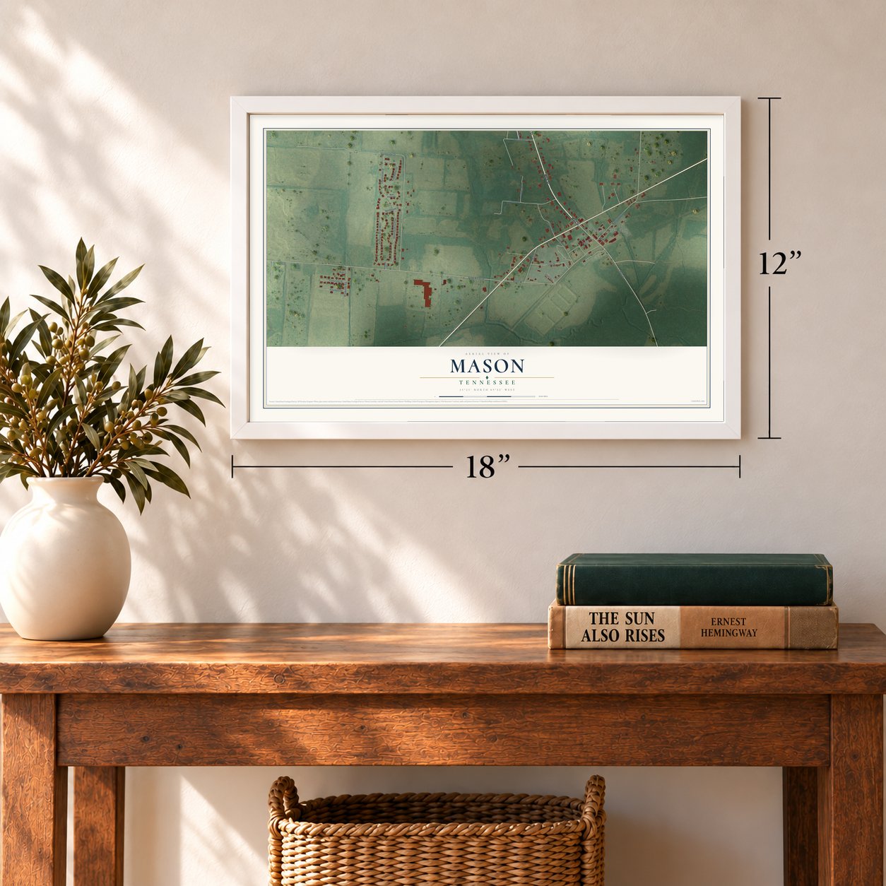 Mason, Tennessee map, 12 x 18 inch print in a white frame in an entryway