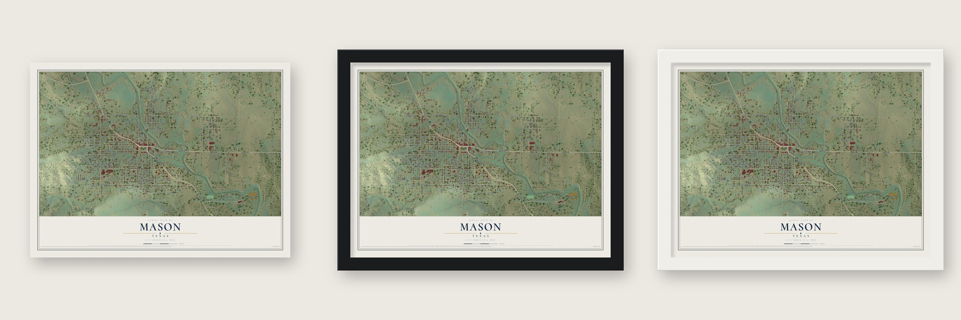 Mason, Texas map unframed, in a black wood frame and in a white wood frame