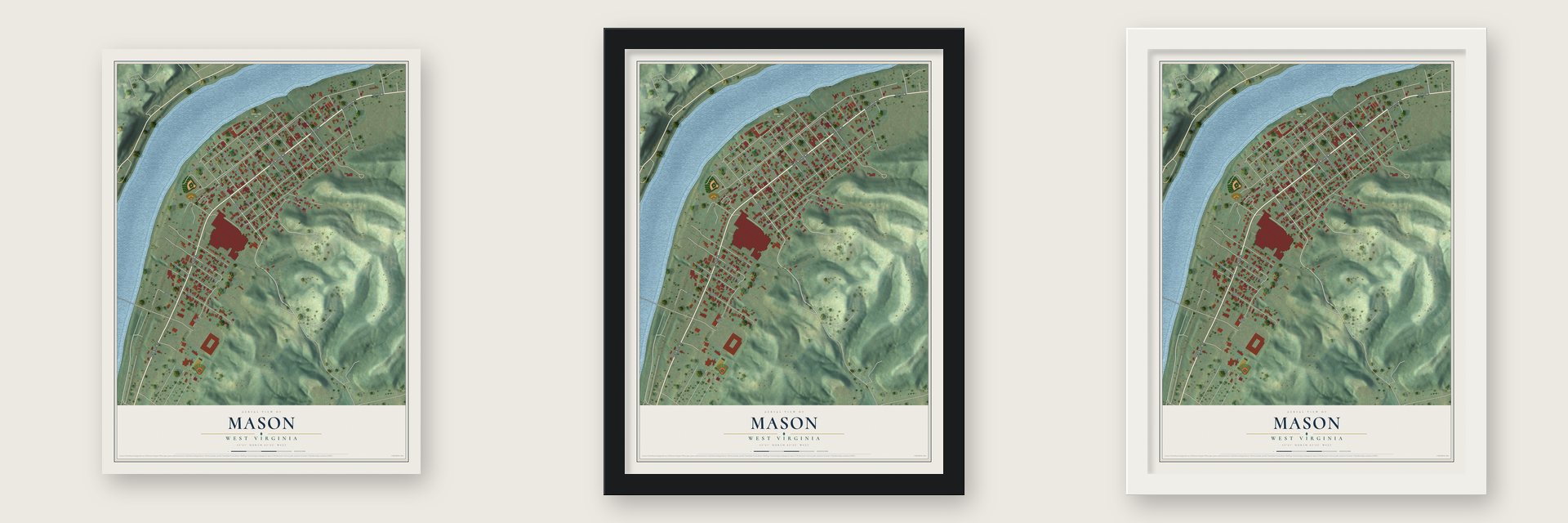 Mason, West Virginia map unframed, in a black wood frame and in a white wood frame