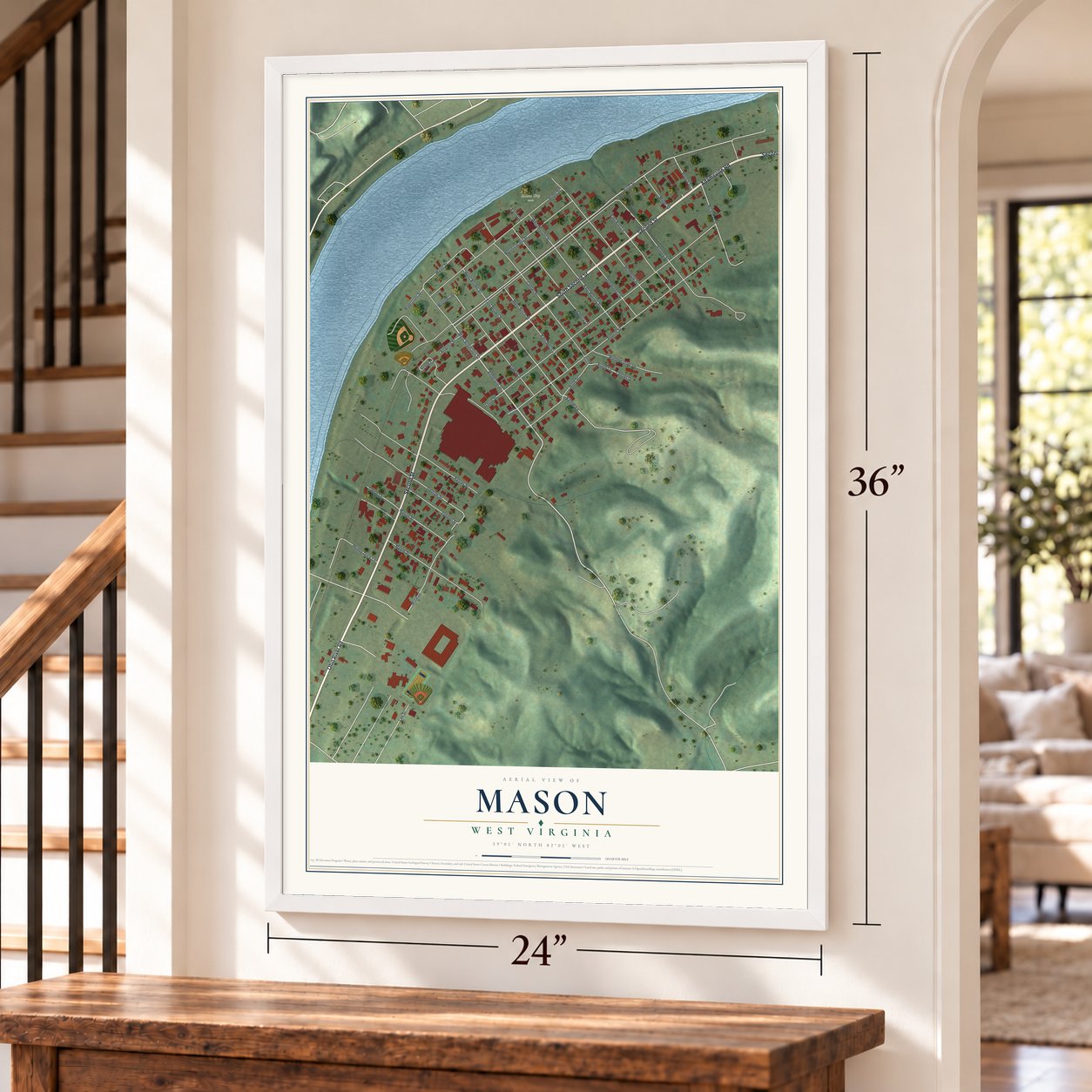 Mason, West Virginia map, 24 x 36 inch print in a white frame by a staircase