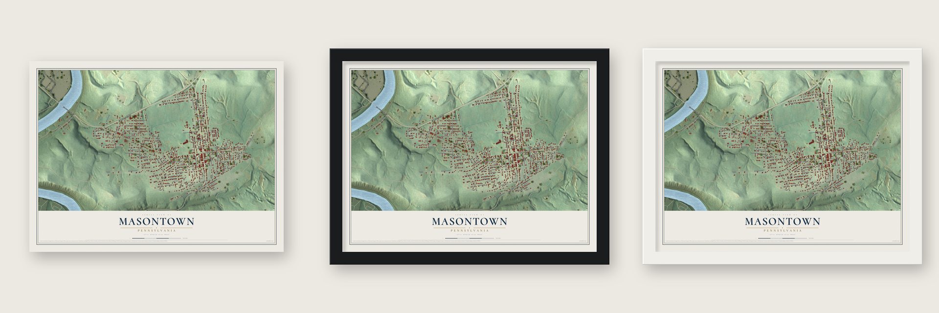Masontown, Pennsylvania map unframed, in a black wood frame and in a white wood frame