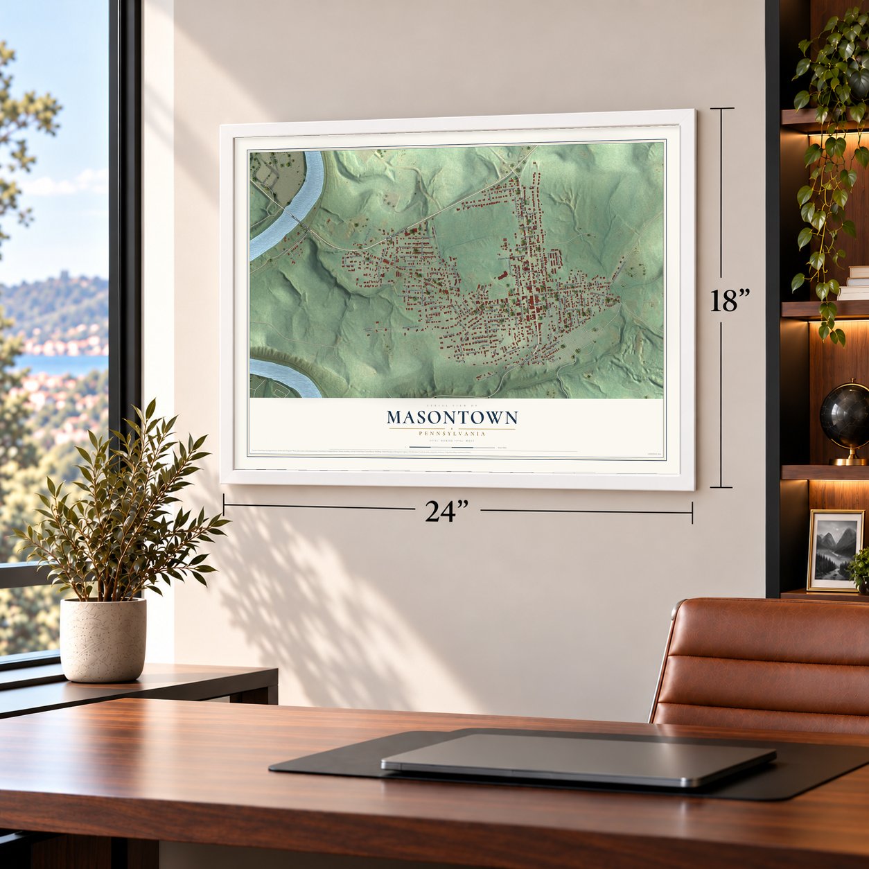 Masontown, Pennsylvania map, 18 x 24 inch print in a white frame in a home office