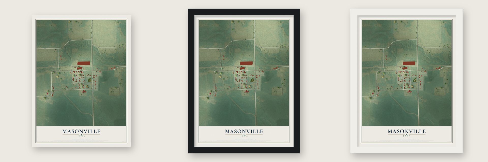 Masonville, Iowa map unframed, in a black wood frame and in a white wood frame